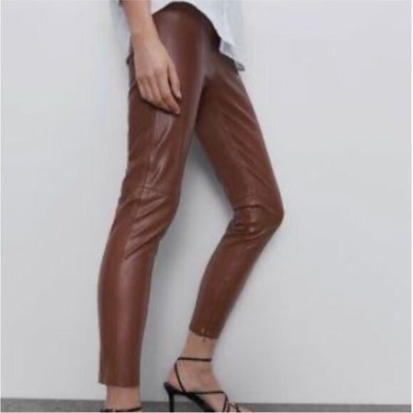 ZARA Brown High-Rise Faux Leather Pants Size L - Picture 10 of 10